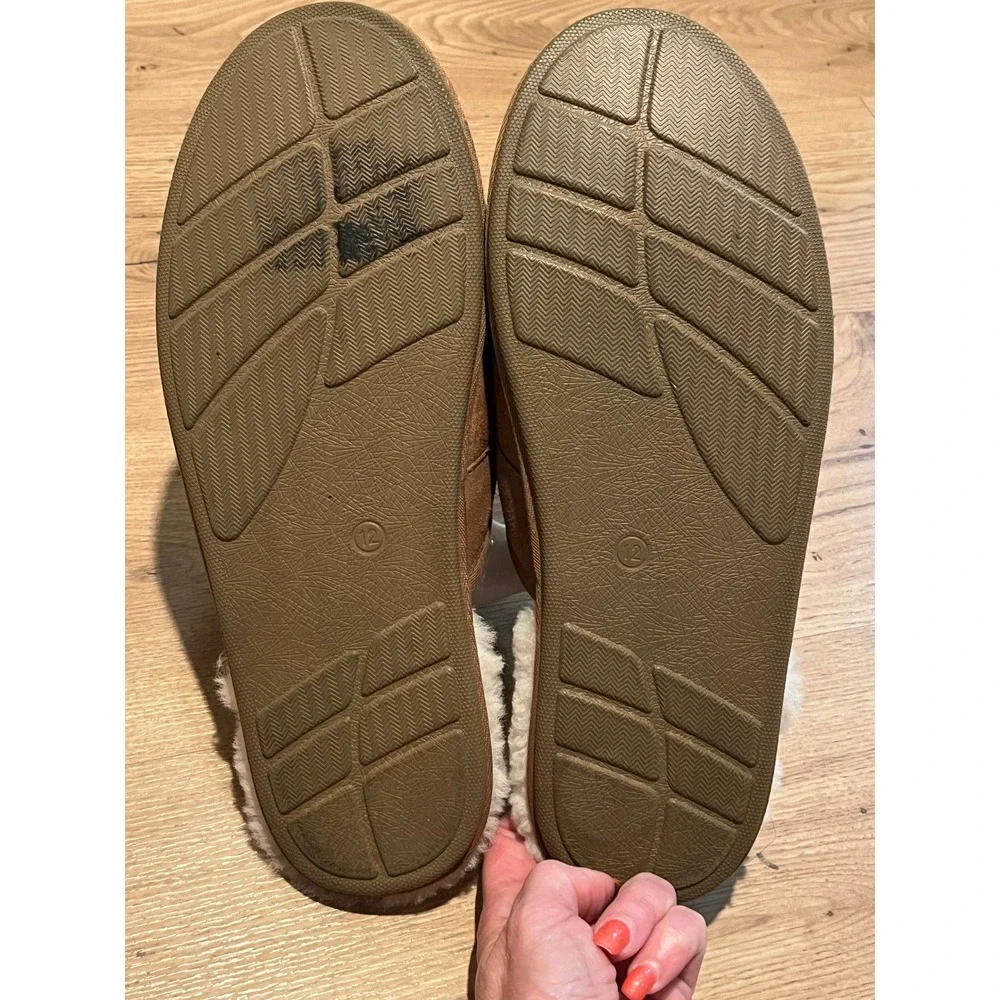 UGG Scuff Slipper Mens 12 Brown Suede Sheepskin Lining House Shoes Slip On Warm